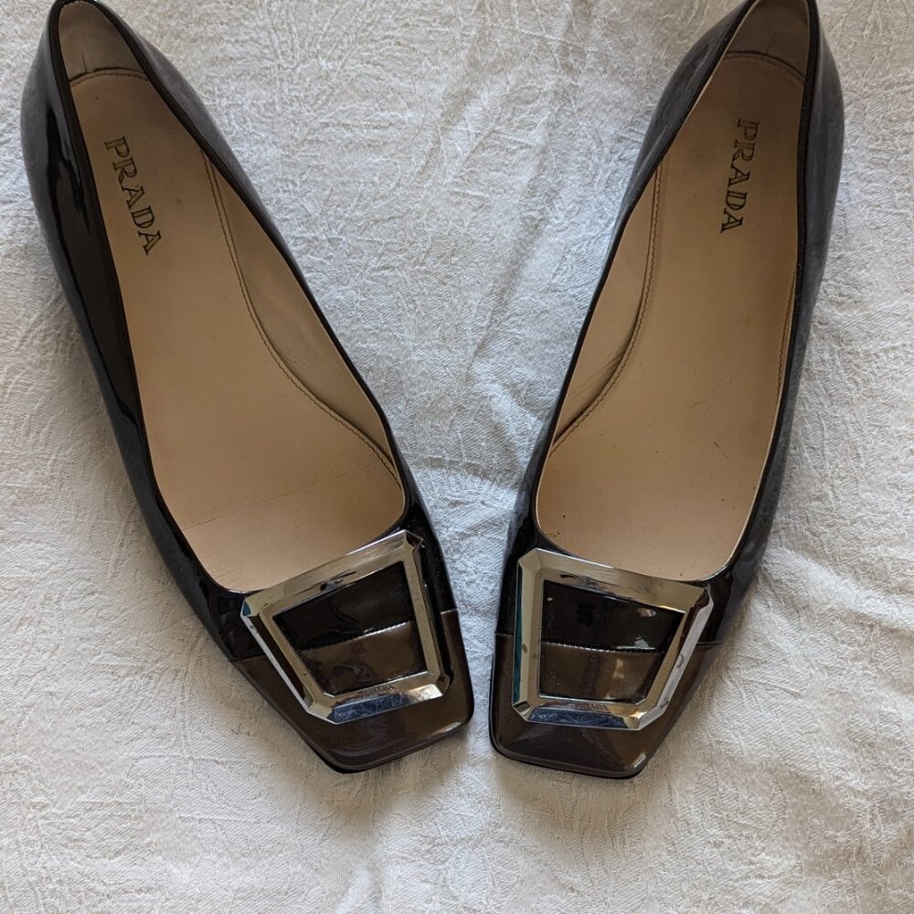 Prada Black Patent Leather Square Toe Flats with Silver Buckle